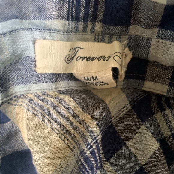 Forever 21 Cream Blue Plaid Button Down Short Sleeve Top Size M - Picture 6 of 9